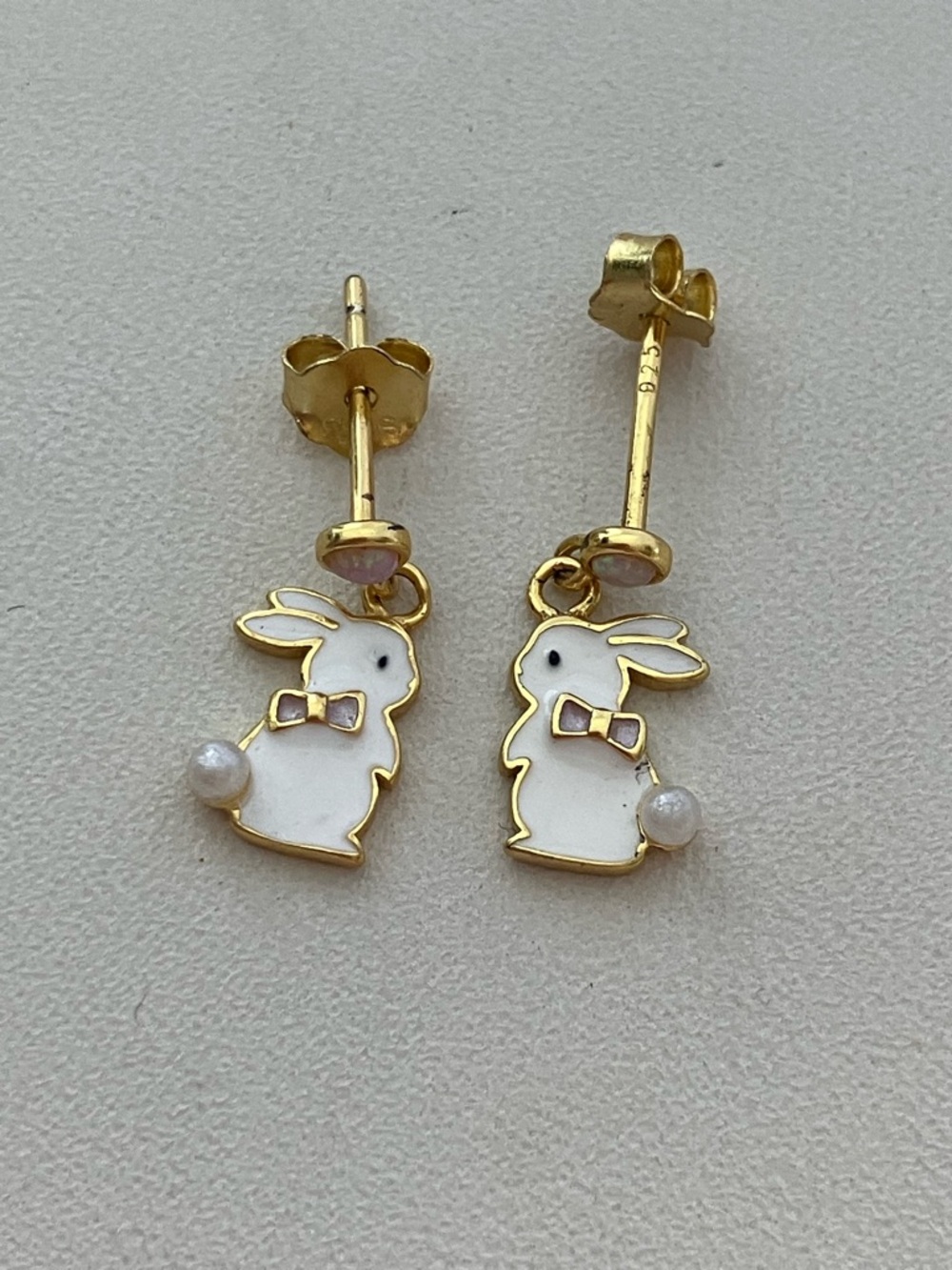 925 Gold Plated Bunny Enamel Earrings with Pearls
